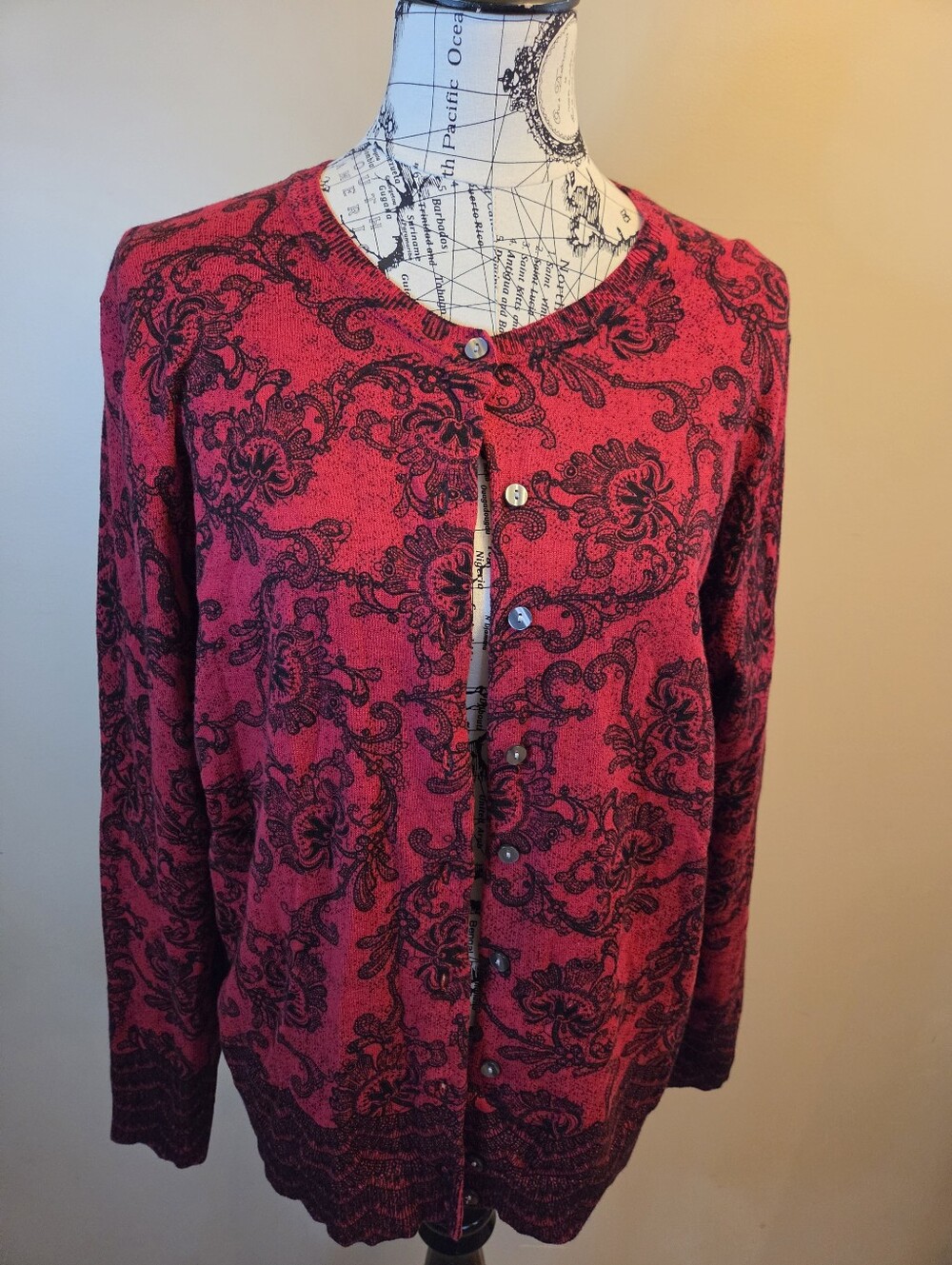 Karen Scott XL Cardigan Red Black Paisley Floral Button Front Long Sleeve